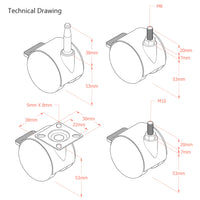 Premium Bed/ Furniture Twin Wheel Castors WITH Brake Designed for Carpet  - Various Fittings