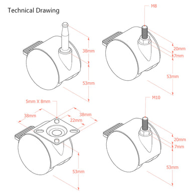 Premium Bed/ Furniture Twin Wheel Castors WITH Brake Designed for Carpet  - Various Fittings