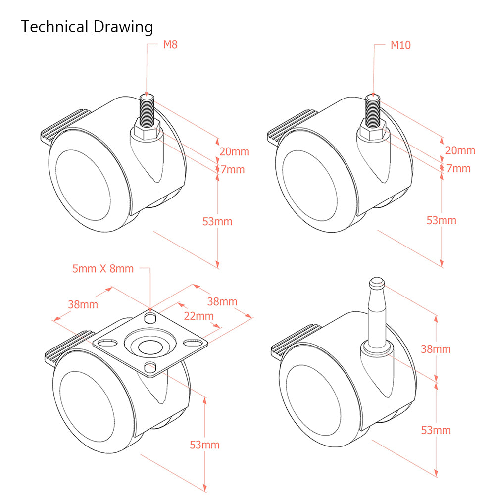 Premium Bed/ Furniture Twin Wheel Castors WITH Brake Designed for Hard Flooring  - Various Fittings