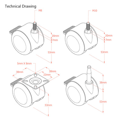 Premium Bed/ Furniture Twin Wheel Castors WITH Brake Designed for Hard Flooring  - Various Fittings