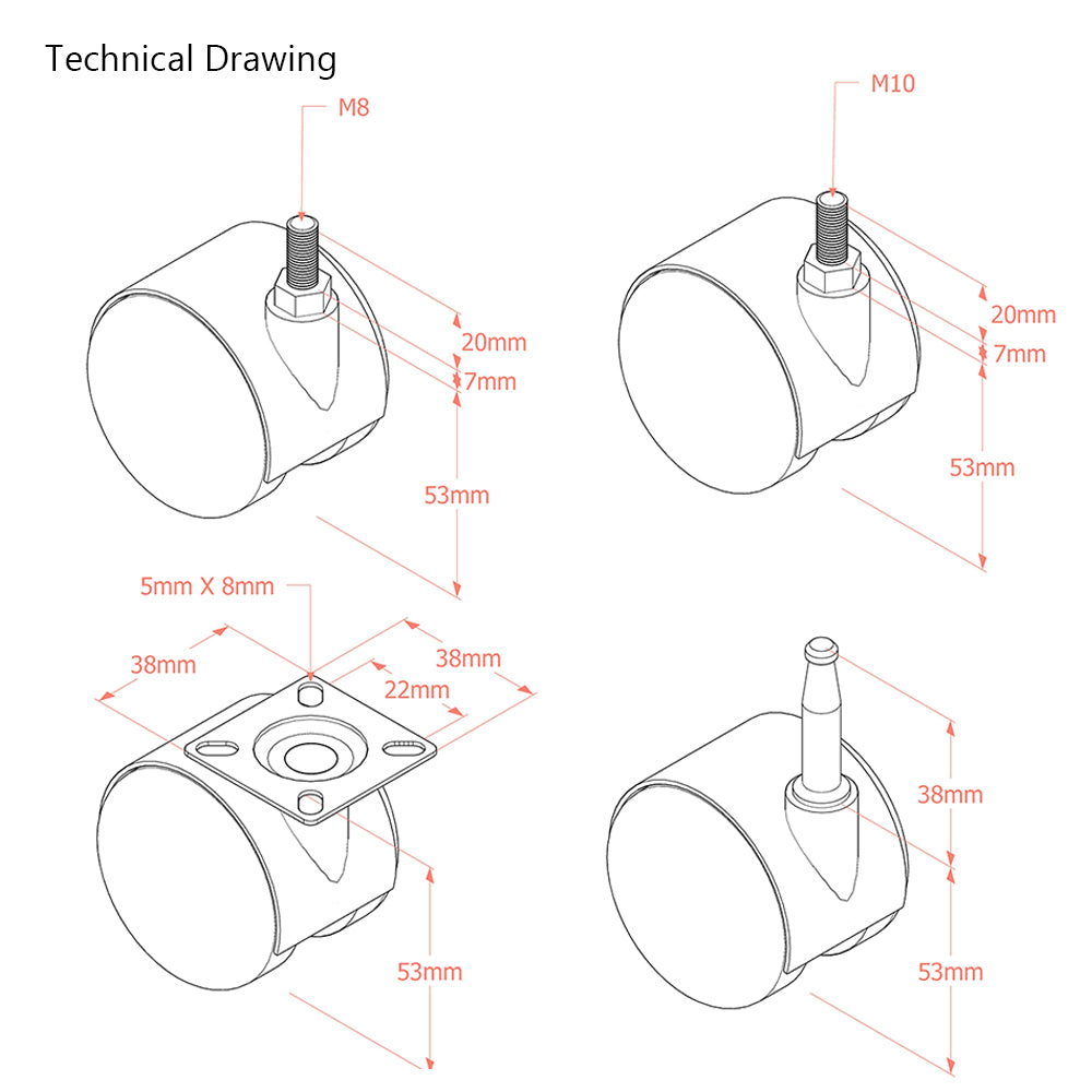 Premium Bed/ Furniture Twin Wheel Castors WITHOUT Brake Designed for Carpet  - Various Fittings