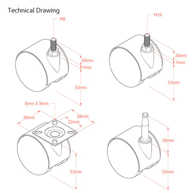 Premium Bed/ Furniture Twin Wheel Castors WITHOUT Brake Designed for Carpet  - Various Fittings