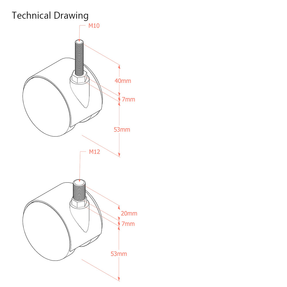 Premium Bed/ Furniture Twin Wheel Castors WITHOUT Brake Designed for Carpet  - Various Fittings